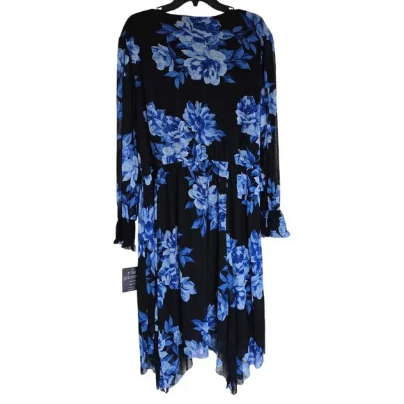 Mile Gabrielle Womens Plus Size 3X Black & Blue Floral Long Sleeve Wrap Dress - Picture 3 of 6